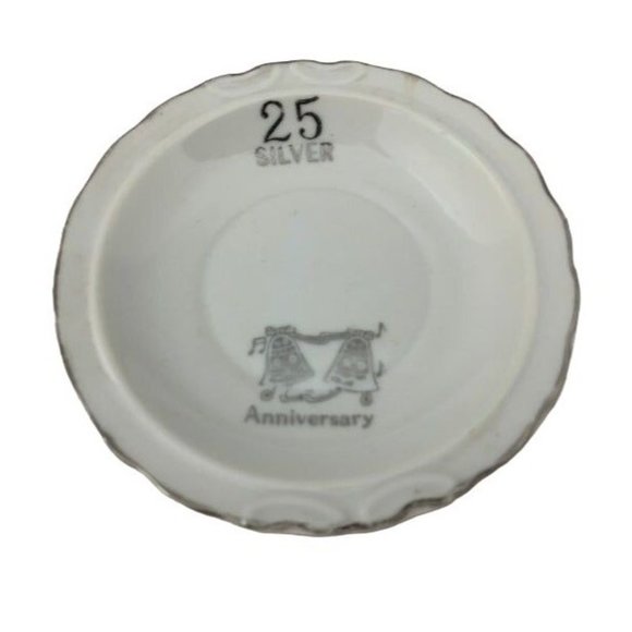 Vinage 25th Silver Anniversary Trinket Dish Porcelain Silver Trim 4.5" - Picture 7 of 7